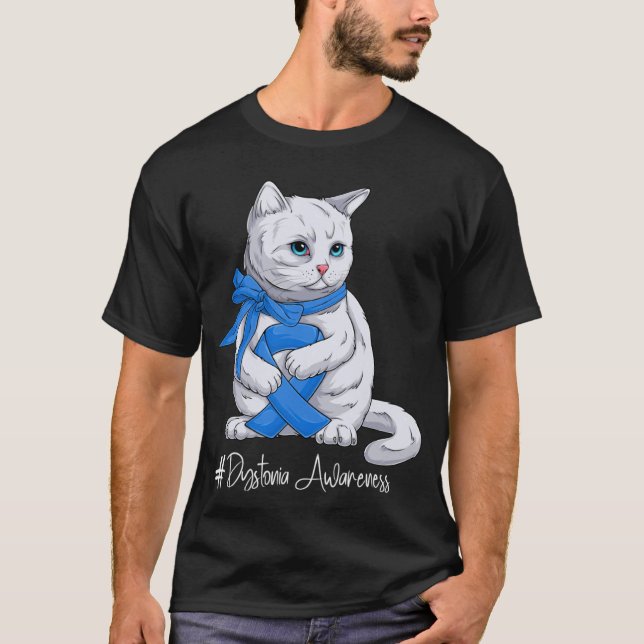 Dystonia Awareness Month Blue Ribbon Cat T-Shirt (Front)