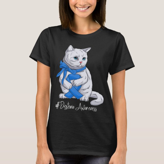 Dystonia Awareness Month Blue Ribbon Cat T-Shirt (Front)