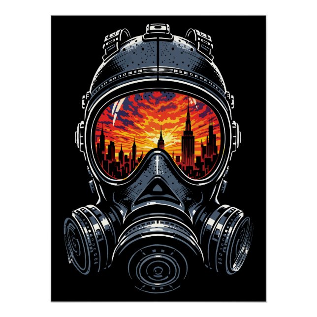 Dystopian Mask Urban Sunset Reflection Poster (Front)