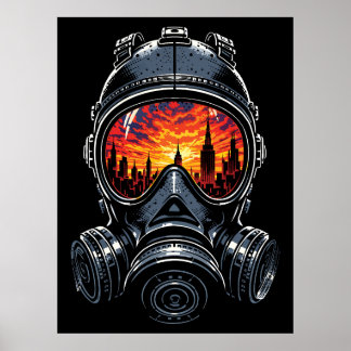 Dystopian Mask Urban Sunset Reflection Poster