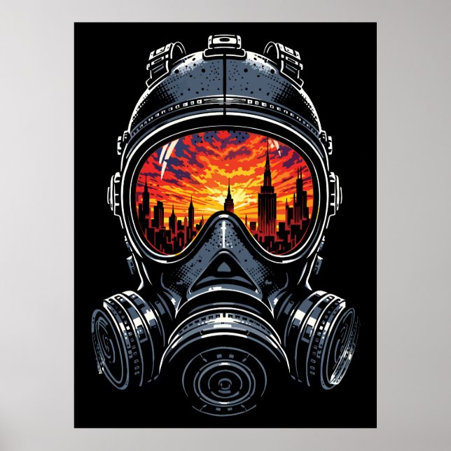 Dystopian Mask Urban Sunset Reflection Poster (Front)