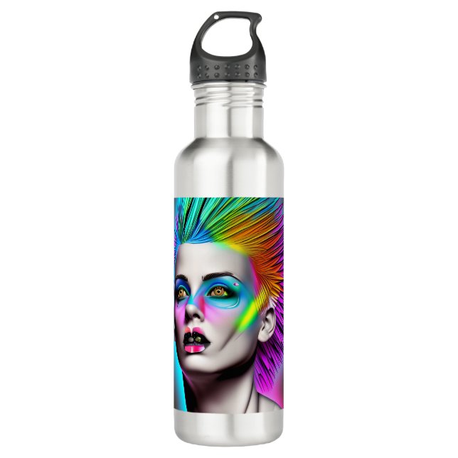Dystopian Woman in Rainbow Mohawk Abstract Modern  710 Ml Water Bottle (Front)