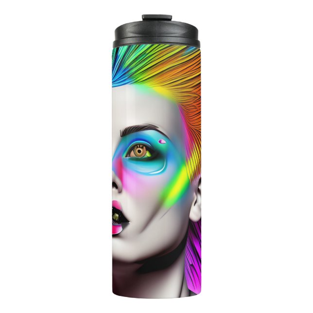 Dystopian Woman in Rainbow Mohawk Abstract Modern  Thermal Tumbler (Front)