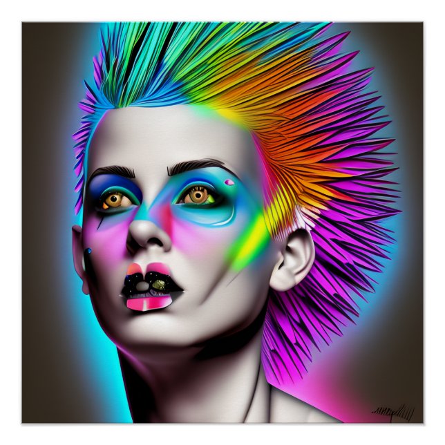 Dystopian Woman with Rainbow Mohawk Ai Art Poster (Front)