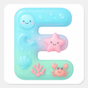 "E" Cute Bubble Letter - Underwater Sea Creature A Square Sticker