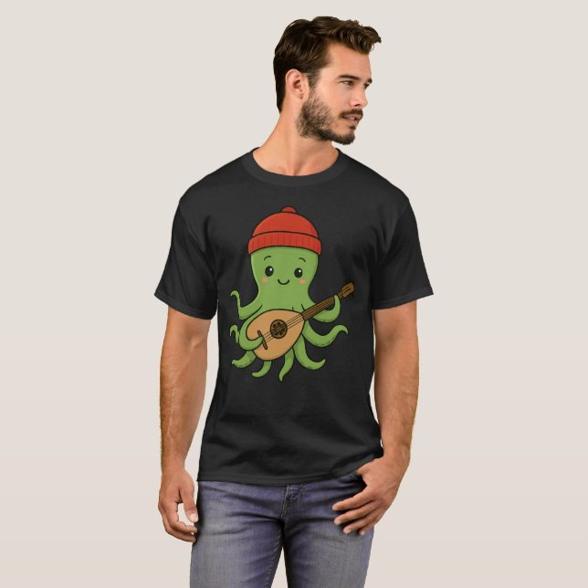 e: Cute Green Octopus Playing Oud with Red Hat T-Shirt (Front Full)