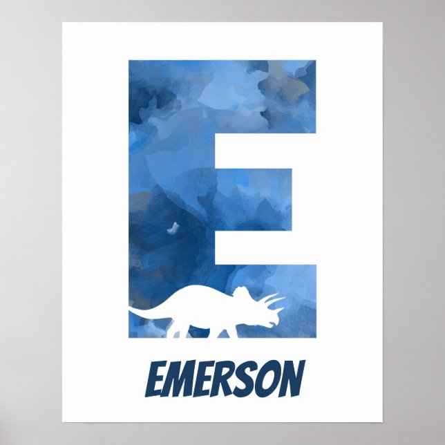 "E" Dinosaur Watercolor Blue Child's Name Poster (Front)