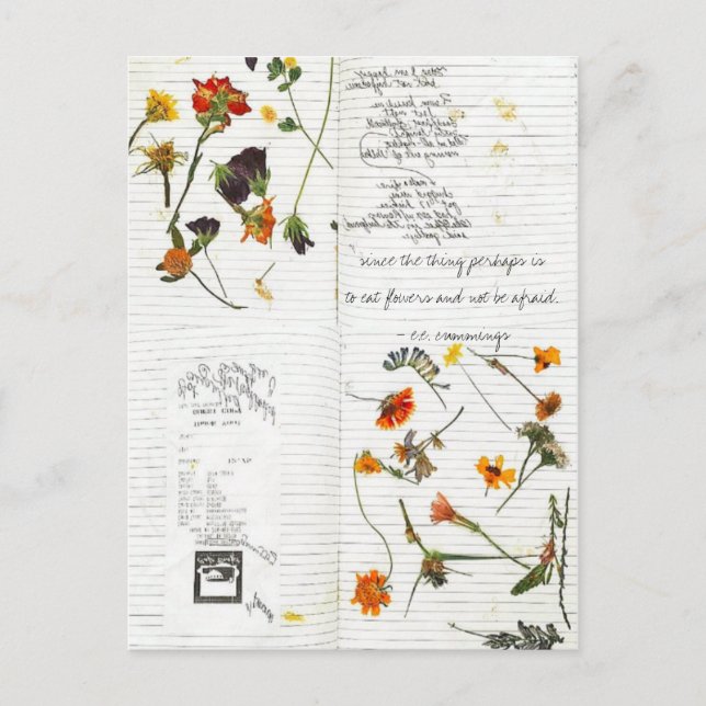 e.e. cummings pressed flowers cursive diary postcard (Front)