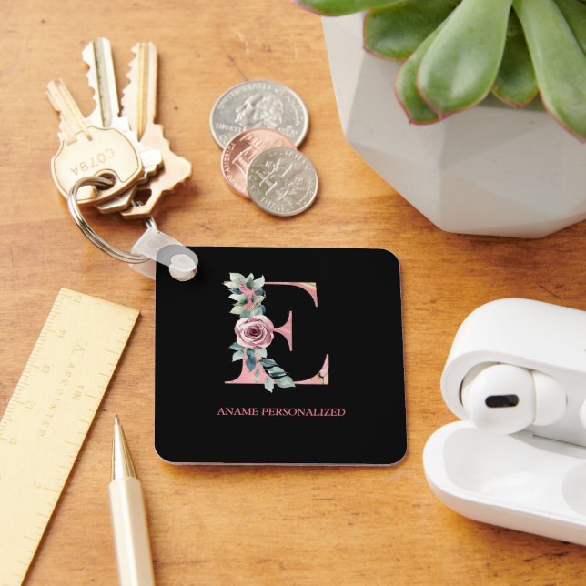 E Floral Monogram Name Letters Pink Agate Keychain (Desk)