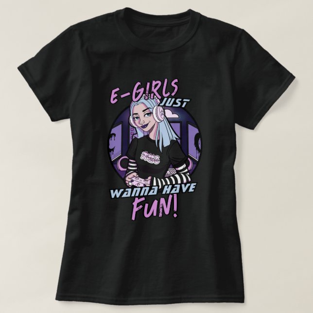 E-Girls Cool Puple Cartoon Gamer Girl  T-Shirt (Design Front)