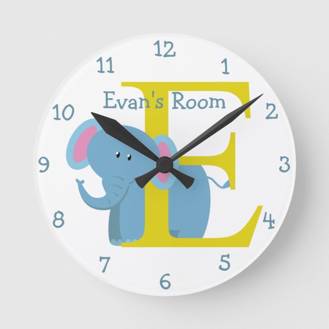 E is for Elephant and Evan-Child's Bedroom Round Clock (Front)