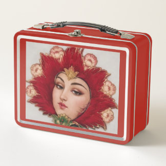 e Lady – Persian Floral Art Red Travel Suitcase Metal Lunch Box