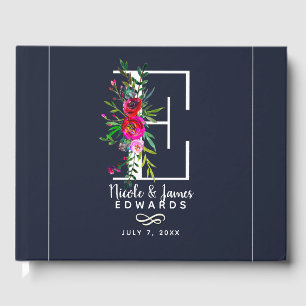 E Letter Initial Monogram Floral Name Wedding Guest Book