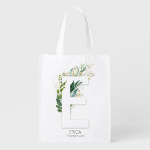 E Letter Monogram Elegant Gold Greenery Foliage Reusable Grocery Bag