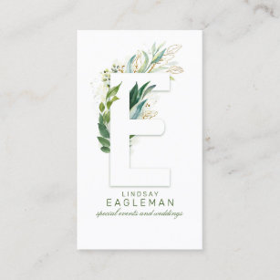 E Letter Monogram Gold Greenery Leaves Elegant Business Card