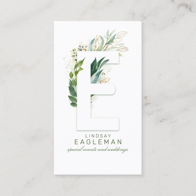 E Letter Monogram Gold Greenery Leaves Elegant Business Card (Front)