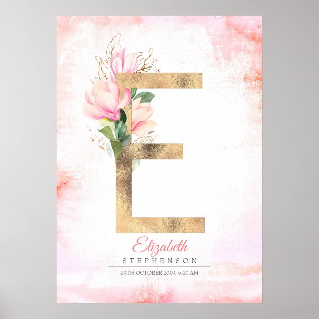 E Letter Monogram Gold Leaves Pink Magnolia Floral Poster (Front)