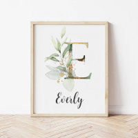 E Letter Monogram Greenery Nursery Name Wall Print