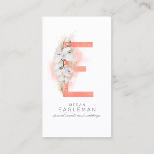 E Letter Monogram White Orchids and Pampas Grass Business Card