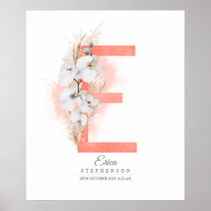 E Letter Monogram White Orchids and Pampas Grass Poster