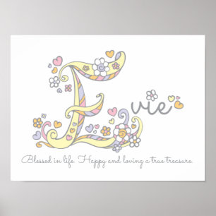E monogram art Evie girls name meaning poster