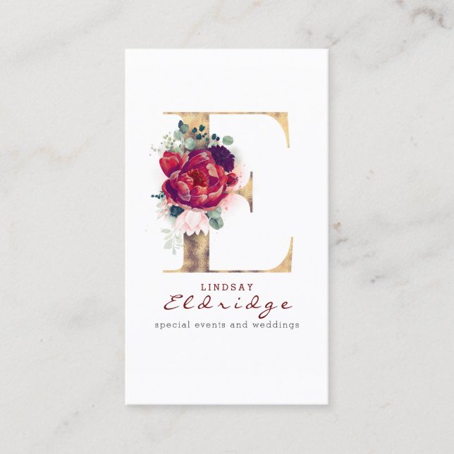 E Monogram Burgundy Red Flowers and Faux Gold Business Card (Front)