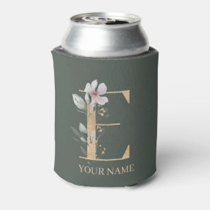 E Monogram Floral Personalised Can Cooler