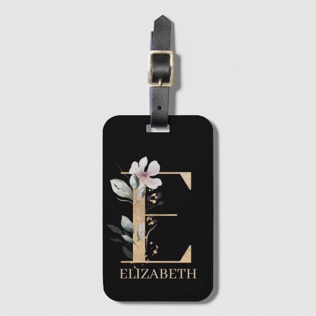 E Monogram Floral Personalised Luggage Tag (Front Vertical)