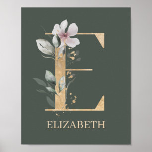 E Monogram Floral Personalised Poster