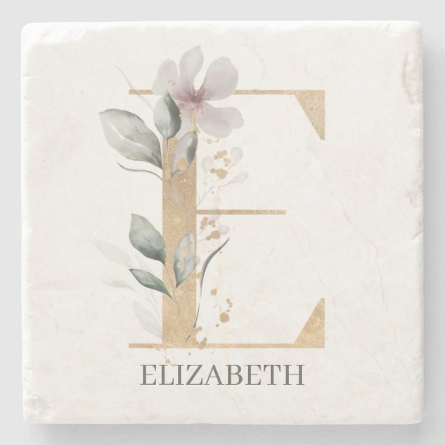 E Monogram Floral Personalised Stone Coaster (Front)
