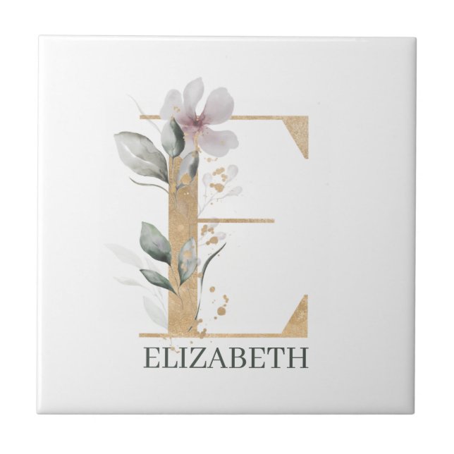 E Monogram Floral Personalised Tile (Front)