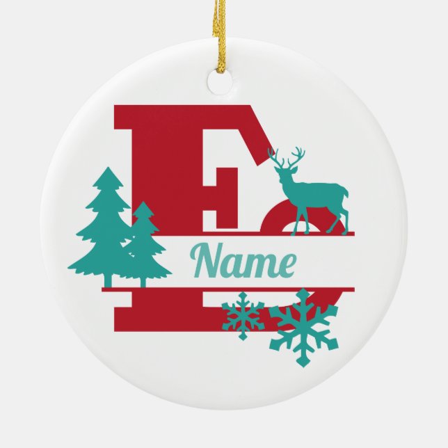 E Monogram Initial Christmas Holiday Tree Ornament (Back)