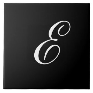 E Monogram Initial White on Black Tile