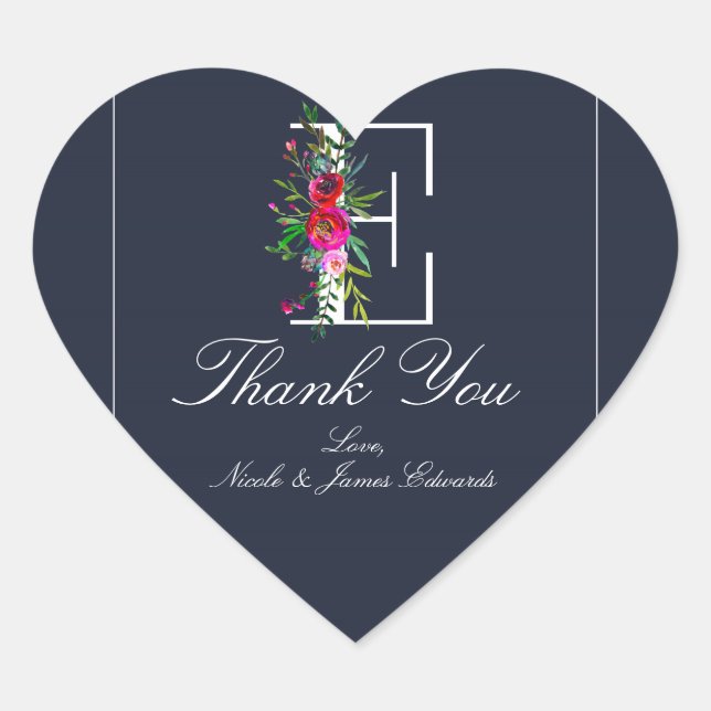 E Monogram Last Initial Modern Blue Floral Wedding Heart Sticker (Front)