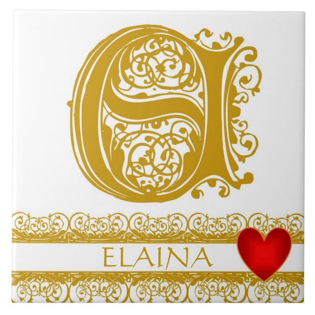 E Monogram Name Gold Lace Red Heart Template Tile (Front)
