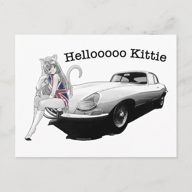 E-type Jag with hot cat girl Postcard (Front)