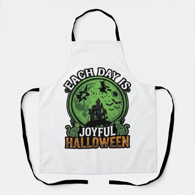 Each Day Joyful Halloween Haunted House Witch Cat  Apron (Front)