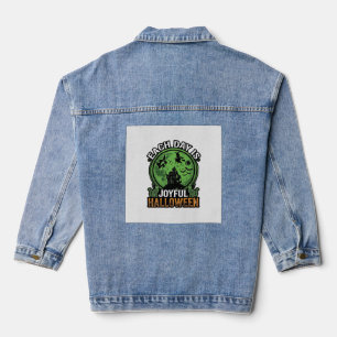 Each Day Joyful Halloween Haunted House Witch Cat  Denim Jacket
