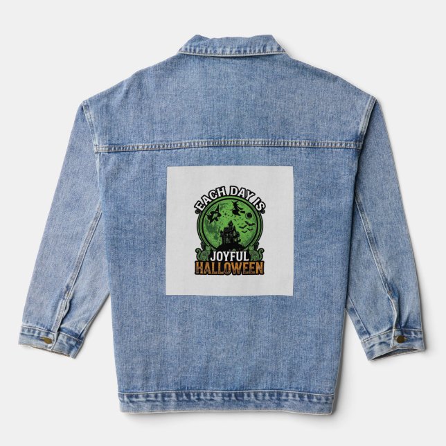 Each Day Joyful Halloween Haunted House Witch Cat  Denim Jacket (Back)