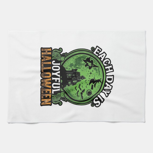 Each Day Joyful Halloween Haunted House Witch Cat  Tea Towel (Horizontal)