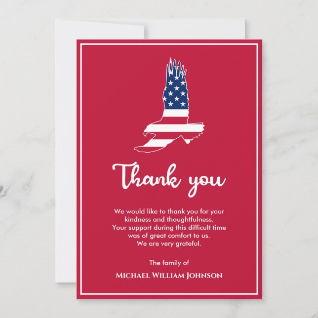 Eagle American Flag Military Veteran Army Funeral Thank You Card (Front)