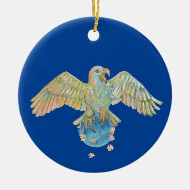 Eagle Carrying Earth Deep Blue Ceramic Tree Decoration (Front)