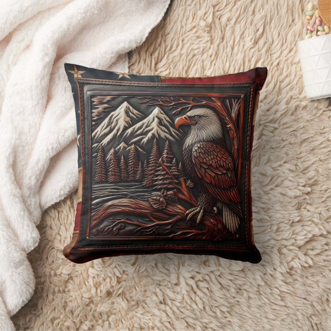 Eagle Carving With Mountain Backdrop Cushion (Blanket)