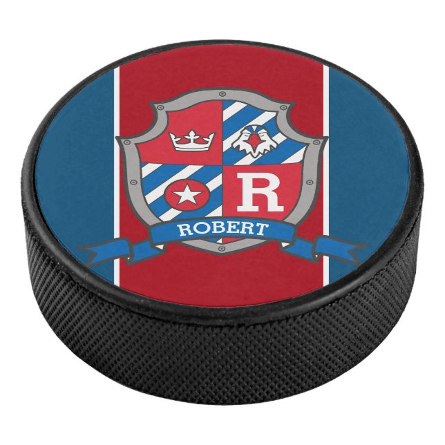Eagle crest custom name red blue monogrammed hockey puck (3/4)