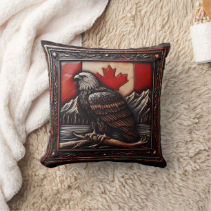 Eagle Emblem on Canadian Flag With Mountains Cushion