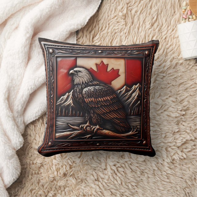 Eagle Emblem on Canadian Flag With Mountains Cushion (Blanket)