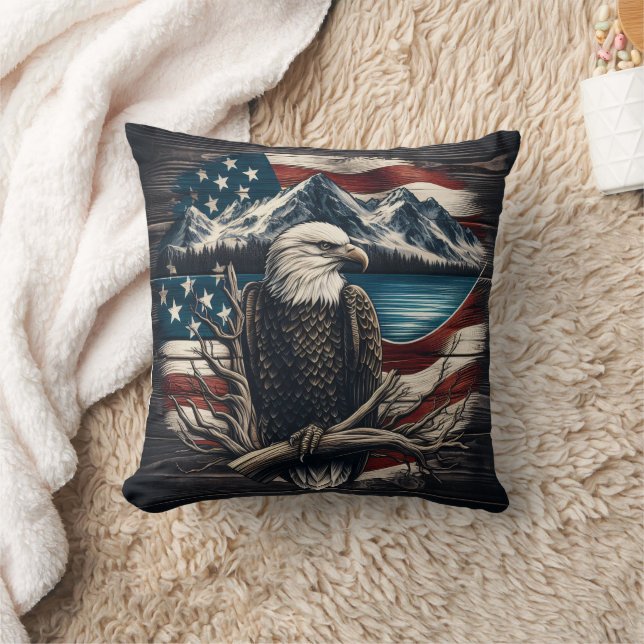 Eagle Emblem Over Mountain and American Flag Cushion (Blanket)