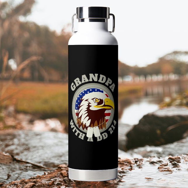 Eagle Emblem USA Flag | Grandpa DD 214 Black Water Bottle (Creator Uploaded)