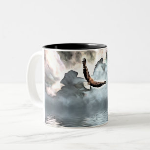 Eagle flies above water surface Two-Tone coffee mug