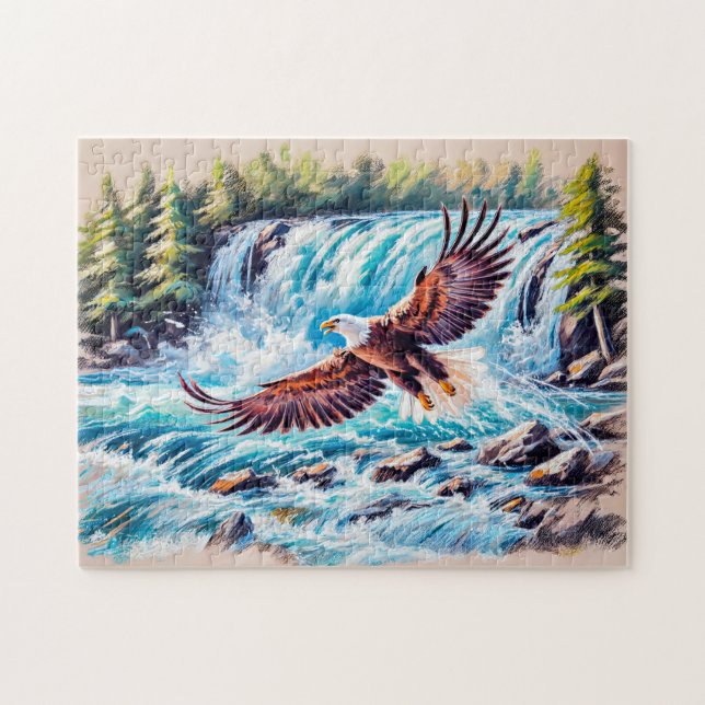 Eagle Flying in Front of Waterfall Pastel Chalk Jigsaw Puzzle (Horizontal)